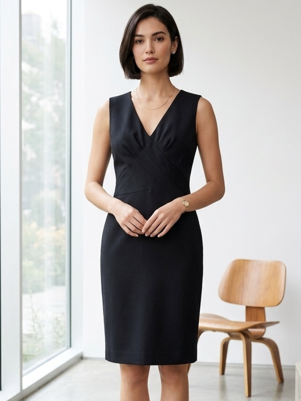Carolina Herrera Black Virgin Wool Silk Wrap Bodice Sheath Dress - US 12